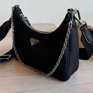 Prada Black Nylon Chain Shoulder Bag
